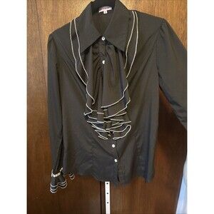 Ruffled Promelia Top Black W/White Trim Ruffled Sleeves Semi Fitted Sz M